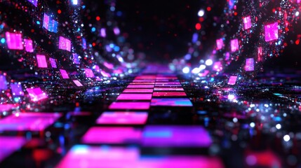 Poster - A vibrant digital tunnel with glowing squares and particles, evoking a futuristic atmosphere.