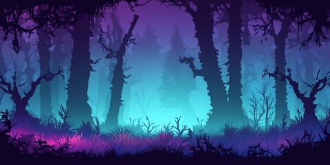 Wall Mural - a mystical forest scene with vibrant colors and silhouettes of trees, creating an enchanting atmosph