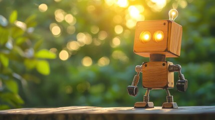 Poster - A wooden robot figure with glowing eyes stands on a table amidst a lush green background.