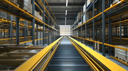 Wall Mural - Industrial Conveyor Belt in a Large Warehouse