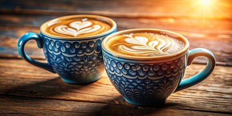 Wall Mural - Two mugs of steaming cappuccino, adorned with intricate blue and white patterns, rest on a weathered wooden surface, bathed in the warm glow of the afternoon sun.