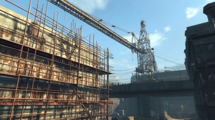 Aufkleber - An industrial scene featuring a construction site with cranes and rusted structures.