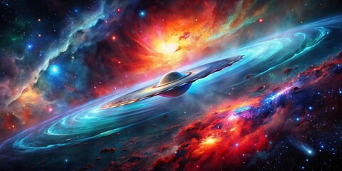 Wall Mural - A celestial body with a ring system and a disc-shaped object traveling through a vibrant nebula of gas and dust
