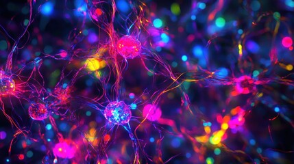 Poster - Colorful abstract representation of neural connections and synapses in a vibrant digital art style.