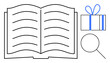 © robu_s - Open book, gift box, and magnifying glass. Ideal for education, learning, studying research reading gifting and discovery concepts. Line metaphor. Simple line icons