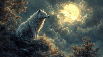 White wolf sits, moonlit night, cloudy sky.