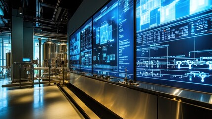 Wall Mural - Modern Industrial Control Room with Large Digital Screens