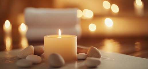 A serene candle surrounded by stones, creating a calming atmosphere.