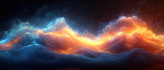 Fototapete - Futuristic Cyberpunk Digital Landscape with Waves of Blue and Orange Lights for High Technology Applications