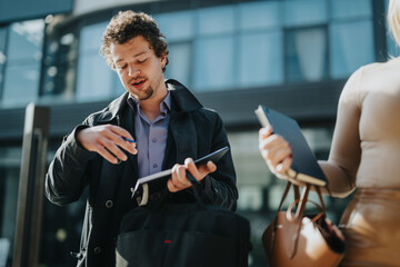 Poster - Two business professionals are engaged in a discussion outside a modern office building, holding notebooks and a briefcase, displaying collaboration and teamwork in an urban setting.