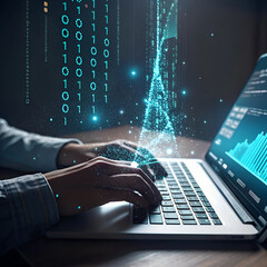 Hands typing on laptop keyboard, digital binary code overlay