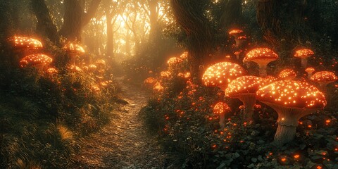 Wall Mural - enchanted forest path illuminated by glowing mushrooms.
