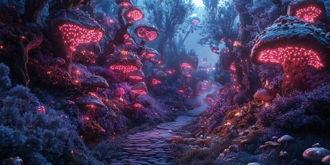 Wall Mural - a mystical forest path illuminated by vibrant, glowing mushrooms.