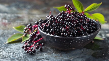 Freshly Picked Elderberries: A Bowl of Dark, Ripe Berries with Green Leaves on a Rustic Background