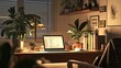 © kwanchaift - A cozy home office space with a desk filled with books, plants, and a laptop, where someone is editing blog posts. The soft lighting and warm tones establish a peaceful a