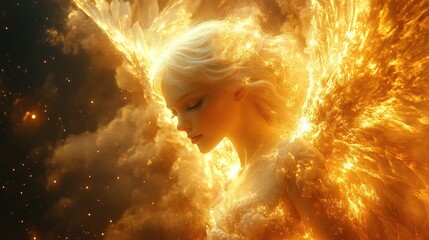 Wall Mural - Golden angel, fiery wings, ethereal beauty.