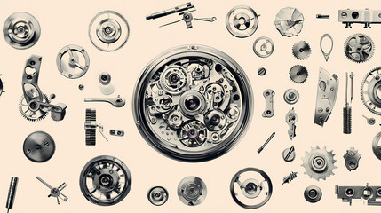 Wall Mural - Exploded view of mechanical watch parts a detailed examination of precision timekeeping mechanisms and components. Chronos. Illustration