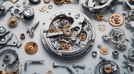 Wall Mural - Exploded view of mechanical watch parts a detailed examination of precision timekeeping mechanisms and components. Chronos. Illustration