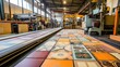 © WITTAYA  ANGMUJCHA - A dynamic and colorful floor tile production line, with tiles of various colors and patterns being shaped and finished by automated machinery in a well-lit factory.