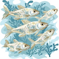 Wall Mural - Artistic Illustration of a School of Fish Swimming Amidst Aquatic Plants.