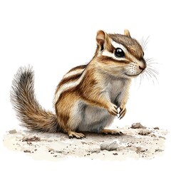 a detailed watercolor painting of a siberian chipmunk standing on the ground.