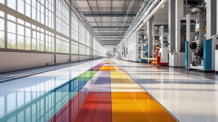 Canvas Print - A high-tech floor tile production line with vibrant and colorful tiles being moved through machines that cut, glaze, and finish them, set in a clean and organized factory environment.