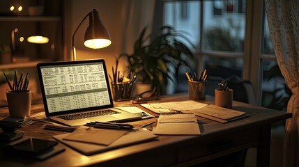 Leinwandbilder - A detailed shot of a desktop with open financial statements, a laptop, and notes, set in a cozy home office with warm lighting, emphasizing personal finance management.