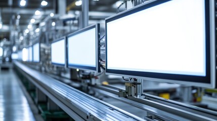Wall Mural - a high-tech production line in a factory, assembling digital billboard panels with no text, showcasi