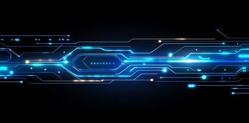 Aufkleber - Abstract digital circuit design with glowing blue lines and nodes on a dark background.
