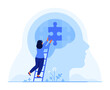 © Artster - Woman placing a puzzle piece in a brain silhouette. Mental health, therapy, psychotherapy, psychology, psychiatry, neurology, memory concept. Flat vector illustration isolated on white background