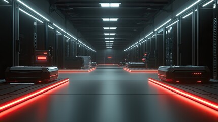 Leinwandbilder - A visual representation of automated inventory management with robots in a high-tech warehouse. The sleek design and bright LED lights enhance the futuristic atmosphere,
