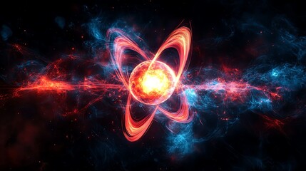 Poster - A vibrant depiction of an atomic structure with swirling energy in a cosmic background.