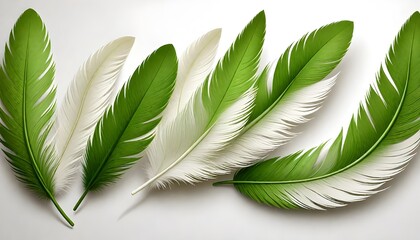 Wall Mural - green and white feathers on white background 