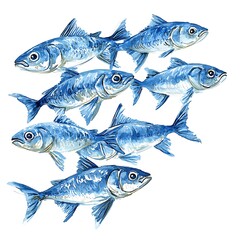 Wall Mural - Watercolor painting of a school of six blue fish swimming together.