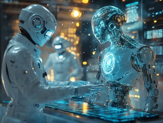 Aufkleber - A futuristic interaction between a humanoid robot and a human in a tech-filled environment.