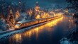 © Anjar Stock - Snowy train journey at night through a picturesque winter wonderland with illuminated Christmas decorations.