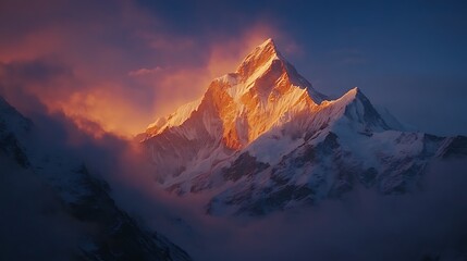the last rays of sunlight illuminate the mountain range during golden hour, casting a magical light 