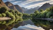 © AzT - A serene photograph capturing a calm river reflecting the surrounding mountains and trees, evoking a profound sense of tranquility