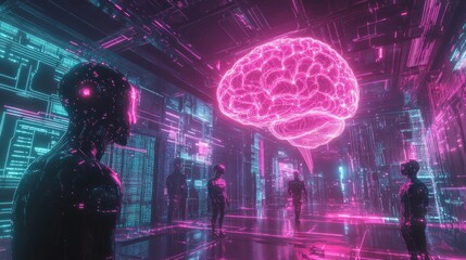 Wall Mural - a vibrant ai and machine learning future concept, featuring humanoid robots with glowing digital cir