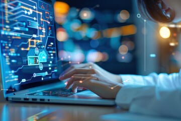a person engages with a futuristic laptop displaying digital data and graphs in a dimly lit environm