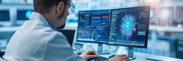 a scientist analyzes data on dual monitors, showcasing advanced technology and programming in a mode