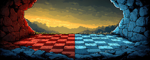 Wall Mural - A checkered floor with a blue and red checkered pattern