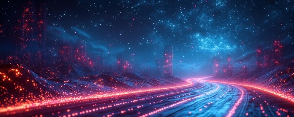 Poster - Futuristic Digital Landscape Cyberpunk Abstract Background with Glowing Neon Wave Patterns