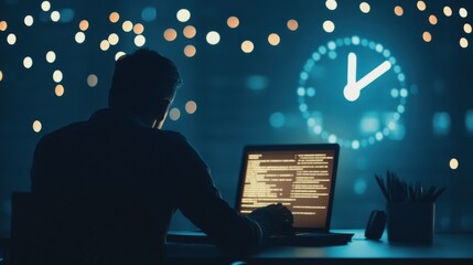 Poster - Professional Programmer Working Late at Night with a Glow from Laptop Screen Surrounded by Blurry Lights and a Clock Indicating Time Passing in an Urban Environment