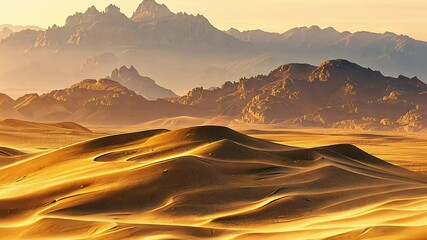 Wall Mural - Golden sunlight over desert dunes and rocky mountain landscape