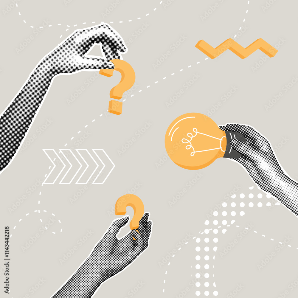 Fashionable halftone collage. Problem solving concept, question answer ...