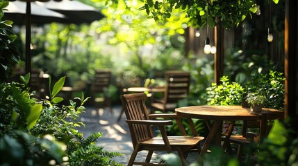 Poster - A cozy outdoor patio featuring several rustic wooden chairs surrounded by vibrant green foliage.