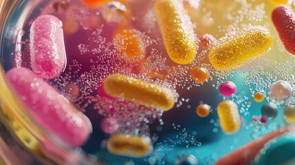 Wall Mural - a close-up image depicting a colorful petri dish filled with various types of bacteria, showcasing t