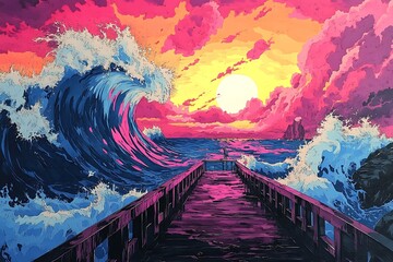 Wall Mural - Vibrant Sunset Over a Crashing Wave with a Pier Leading into the Ocean.