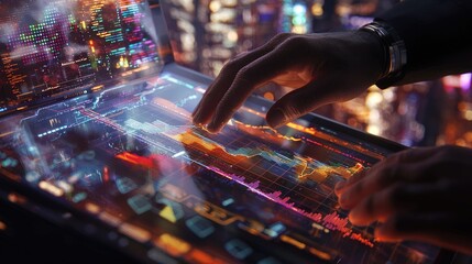 Leinwandbilder - A close-up of a financial analyst s hands plotting trends on a transparent touchscreen, with colorful graphs and a city skyline in view.